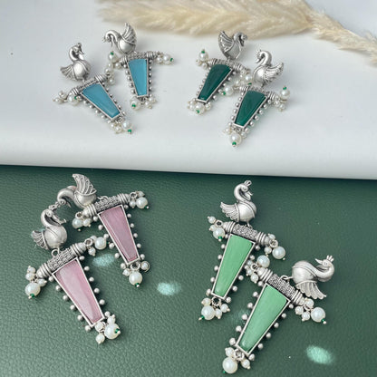 MonaLisa stone silver lookalike peacock earrings