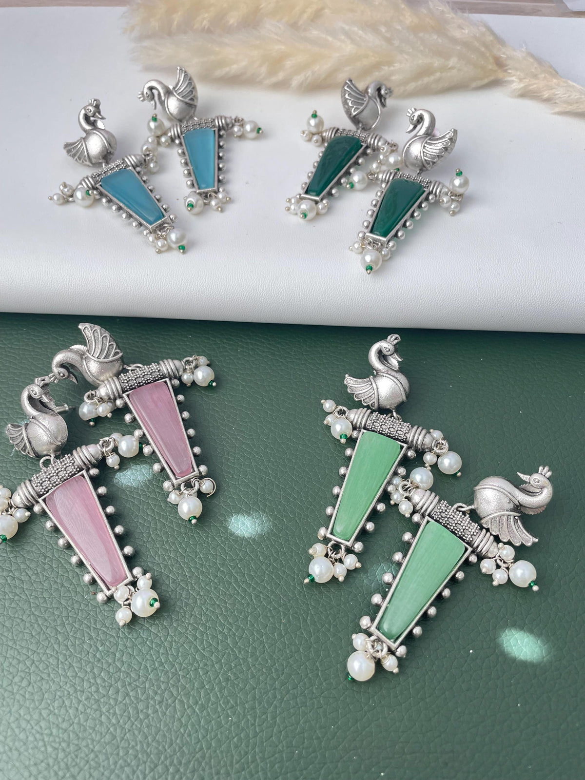 MonaLisa stone silver lookalike peacock earrings