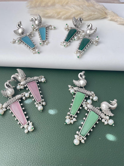 MonaLisa stone silver lookalike peacock earrings