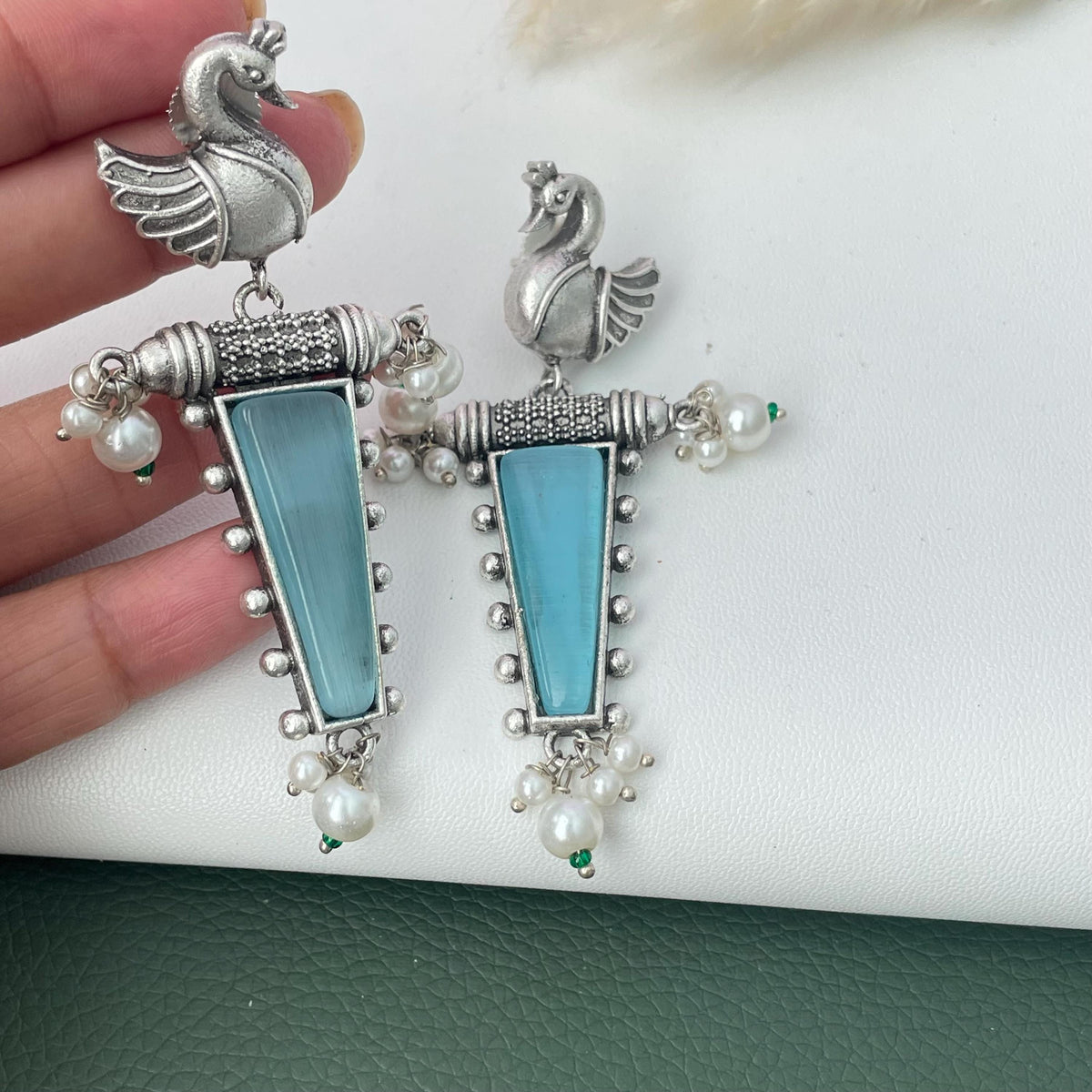 MonaLisa stone silver lookalike peacock earrings