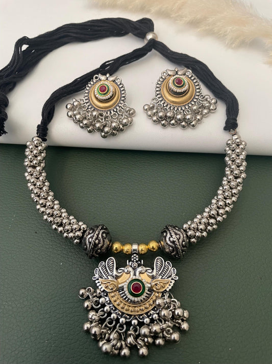 Dual tone Oxidised small pendent fancy thushi / hasli with matching jhumkis