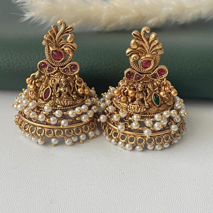 Antique Gold Plated big temple themed jhumka : Bridal Jewelry