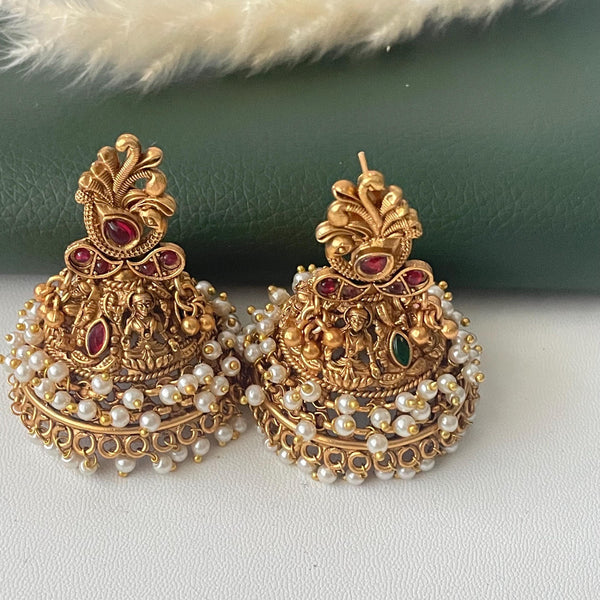 Antique Gold Plated big temple themed jhumka : Bridal Jewelry