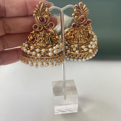 Antique Gold Plated big temple themed jhumka : Bridal Jewelry