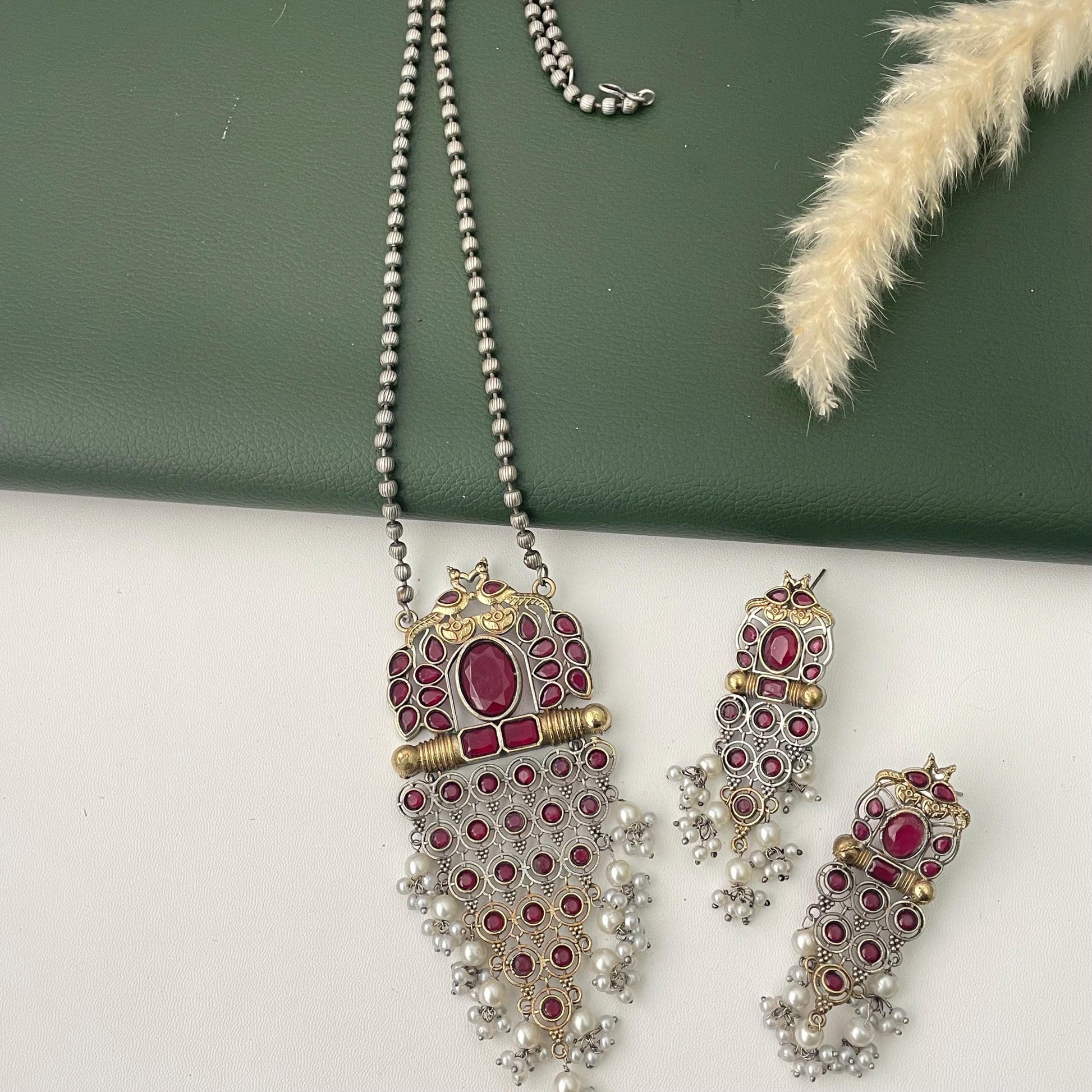 Oxidized Necklace Set: Monalisa Stone, Colorful Festive Jewelry