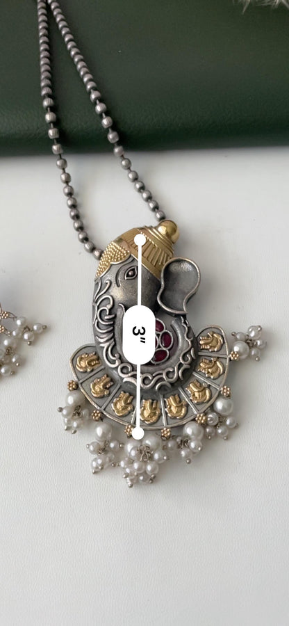 Oxidized Ganapati Necklace Set: Monalisa Stone, Colorful Festive Jewelry , Ashtavinayak themed