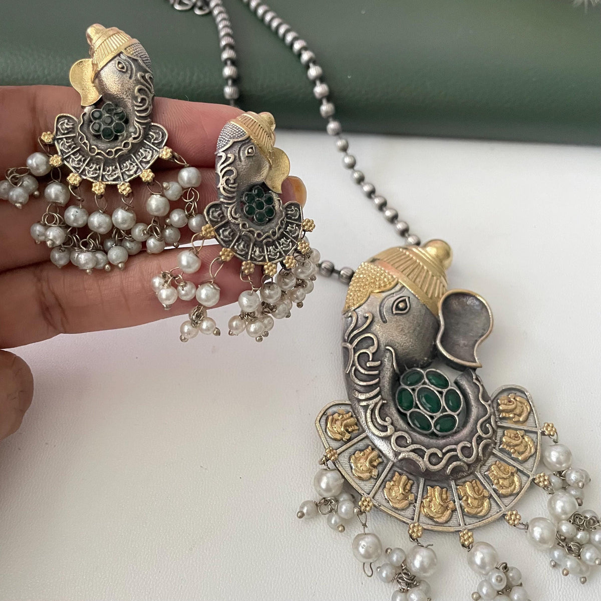 Oxidized Ganapati Necklace Set: Monalisa Stone, Colorful Festive Jewelry , Ashtavinayak themed