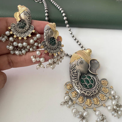 Oxidized Ganapati Necklace Set: Monalisa Stone, Colorful Festive Jewelry , Ashtavinayak themed