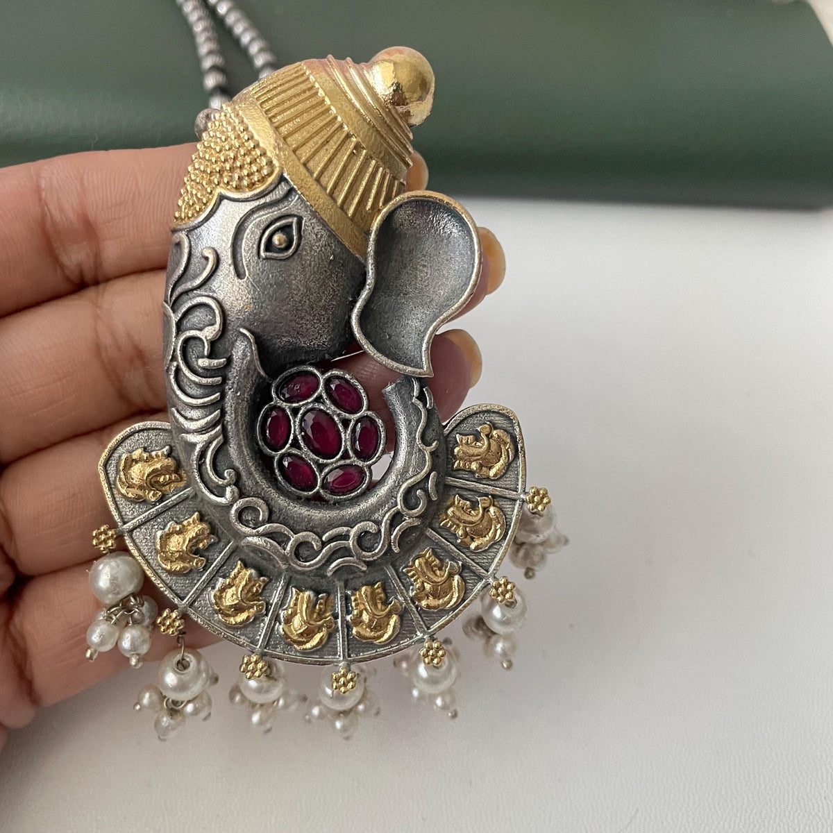 Oxidized Ganapati Necklace Set: Monalisa Stone, Colorful Festive Jewelry , Ashtavinayak themed