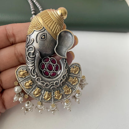Oxidized Ganapati Necklace Set: Monalisa Stone, Colorful Festive Jewelry , Ashtavinayak themed