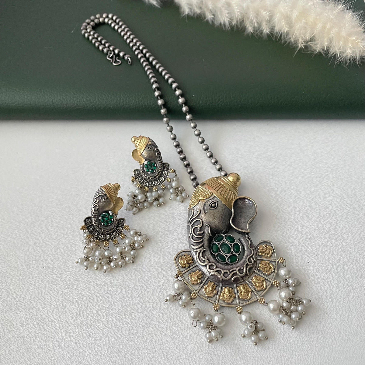 Oxidized Ganapati Necklace Set: Monalisa Stone, Colorful Festive Jewelry , Ashtavinayak themed