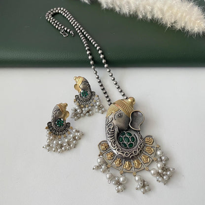 Oxidized Ganapati Necklace Set: Monalisa Stone, Colorful Festive Jewelry , Ashtavinayak themed