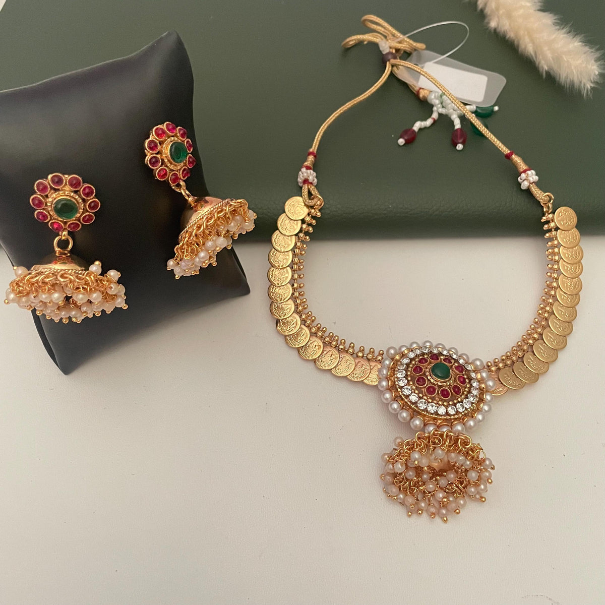 Fancy coin necklace with big pendent and jhumki set : Temple jewelry