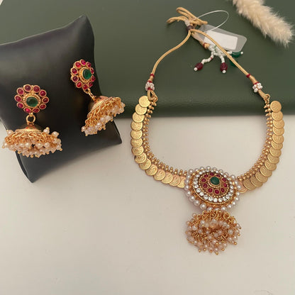 Fancy coin necklace with big pendent and jhumki set : Temple jewelry