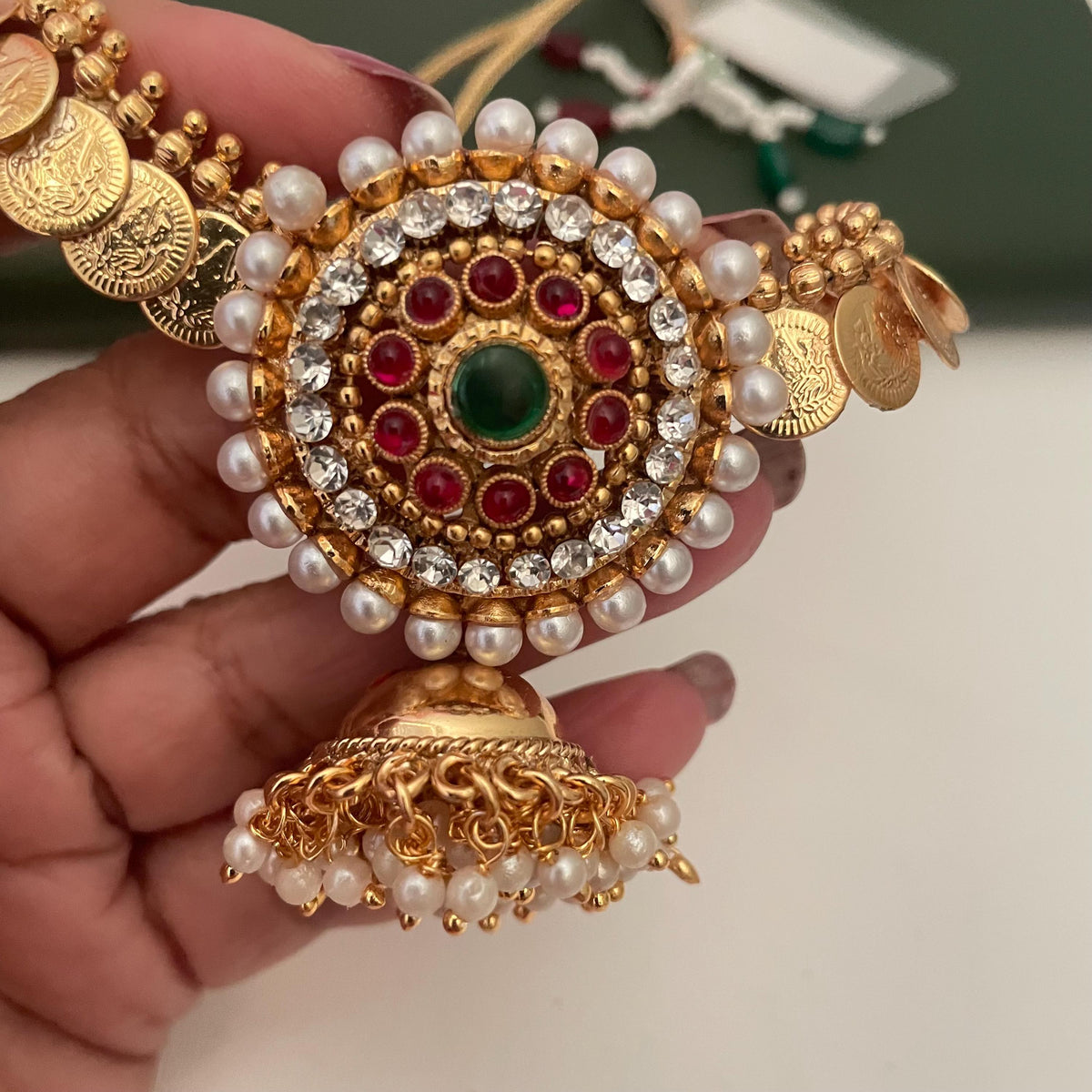 Fancy coin necklace with big pendent and jhumki set : Temple jewelry