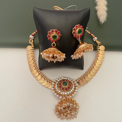 Fancy coin necklace with big pendent and jhumki set : Temple jewelry