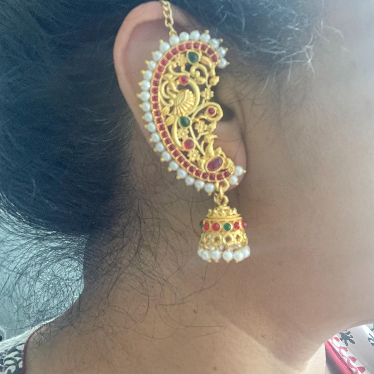 Gold Plated Jhumka Ear Cuffs: Indian Peacock Earrings