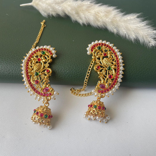 Gold Plated Jhumka Ear Cuffs: Indian Peacock Earrings