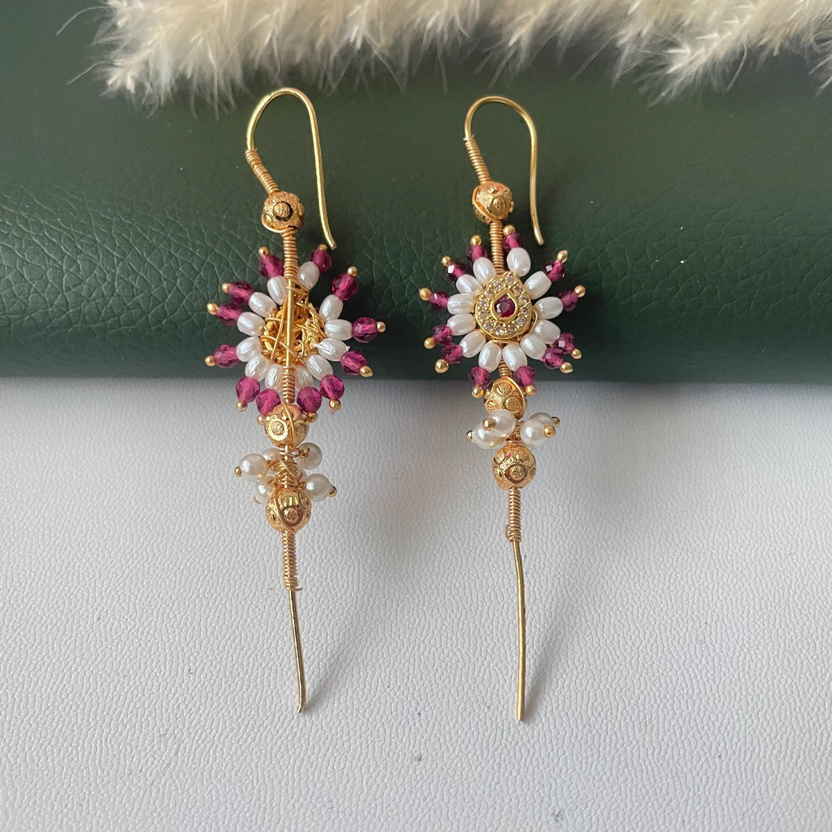 Trendy pearl ruby green lightweight needle Earcuffs Earrings