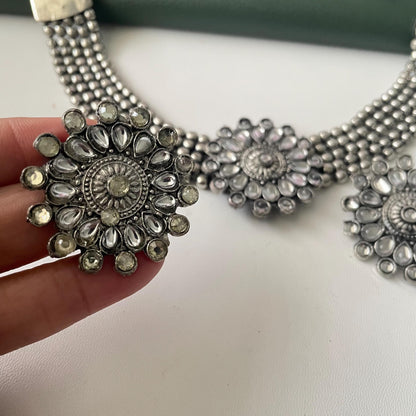 Oxidized Kolhapuri Choker Necklace with Stud Earrings: Adjustable Indian Jewelry