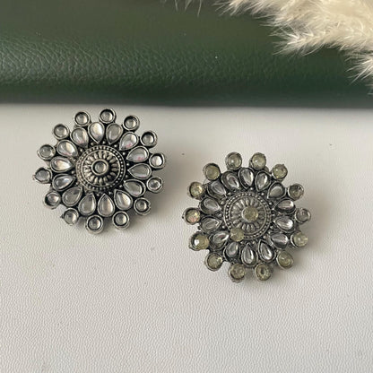 Oxidized Kolhapuri Choker Necklace with Stud Earrings: Adjustable Indian Jewelry
