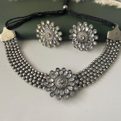 Oxidized Kolhapuri Choker Necklace with Stud Earrings: Adjustable Indian Jewelry