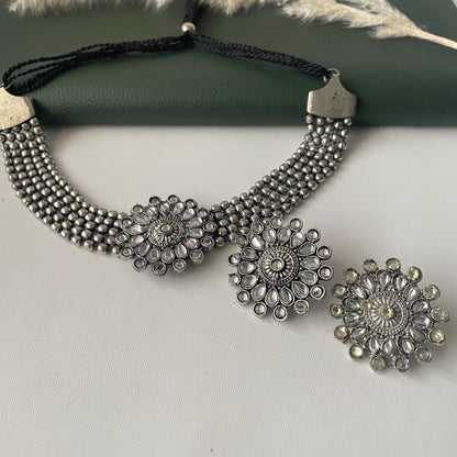 Oxidized Kolhapuri Choker Necklace with Stud Earrings: Adjustable Indian Jewelry