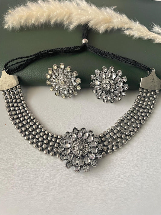 Oxidized Kolhapuri Choker Necklace with Stud Earrings: Adjustable Indian Jewelry