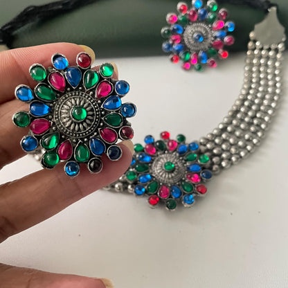 Oxidized Kolhapuri Choker Necklace with Stud Earrings: Adjustable Indian Jewelry
