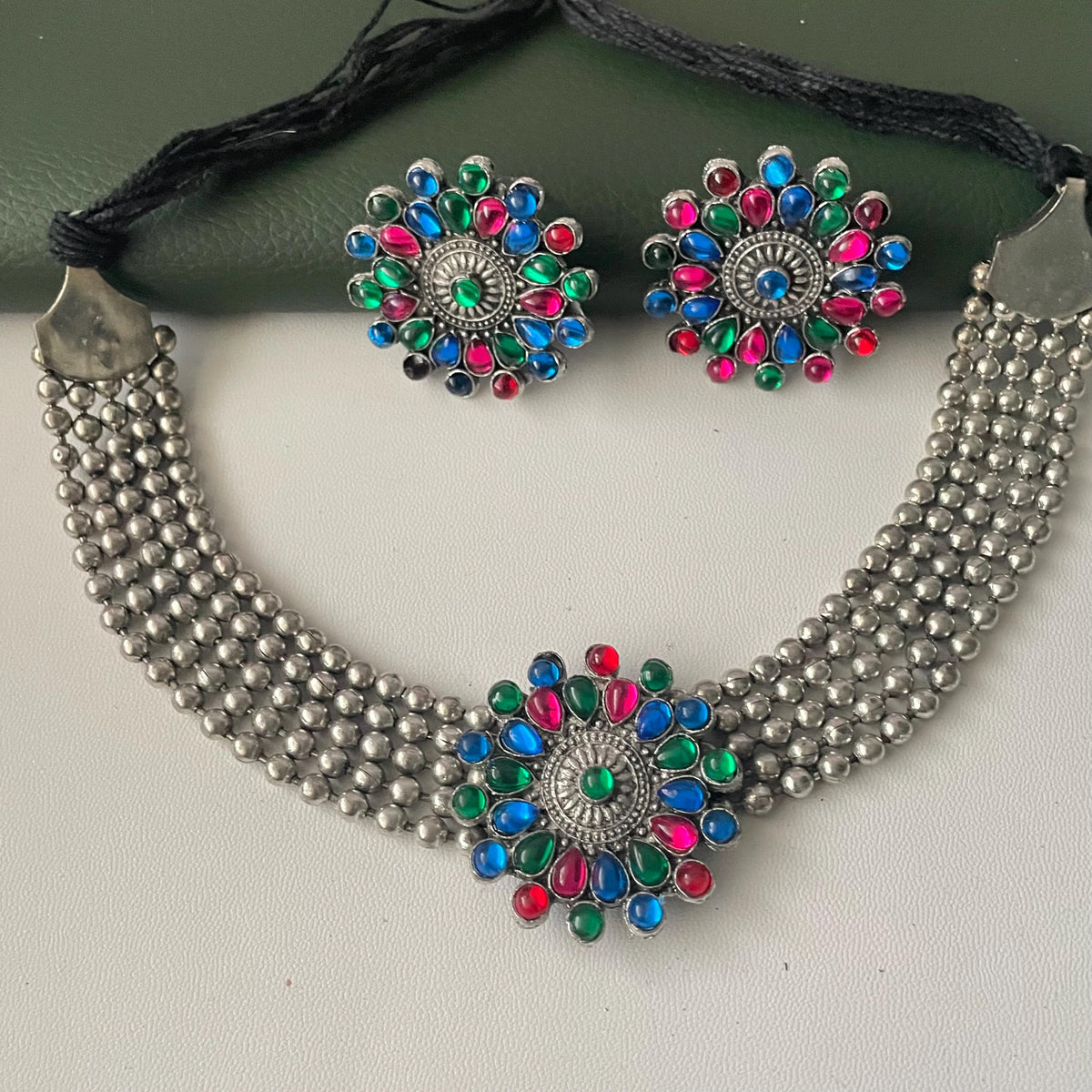 Oxidized Kolhapuri Choker Necklace with Stud Earrings: Adjustable Indian Jewelry