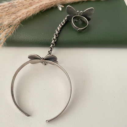Oxidised butterfly themed ring bracelet haath panja : Adjustable