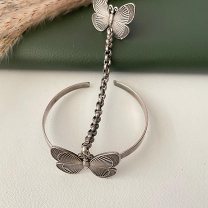 Oxidised butterfly themed ring bracelet haath panja : Adjustable