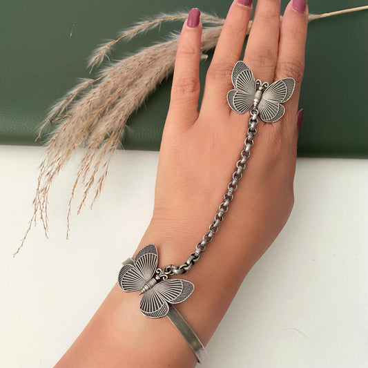 Oxidised butterfly themed ring bracelet haath panja : Adjustable