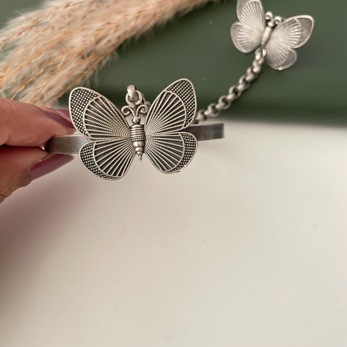 Oxidised butterfly themed ring bracelet haath panja : Adjustable