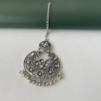Oxidized Maang Tikka: Indian Head Jewelry with Ghungaroo