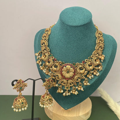 Ruby and green kemp stone and pearl necklace set