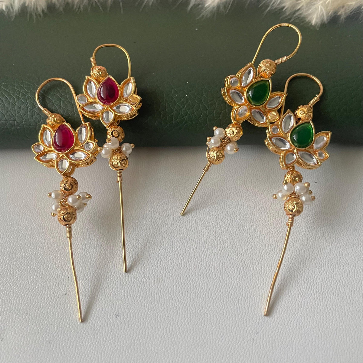 Trendy pearl ruby green lightweight needle Earcuffs Earrings