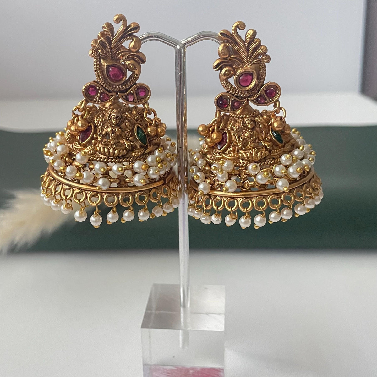 Antique Gold Plated big temple themed jhumka : Bridal Jewelry