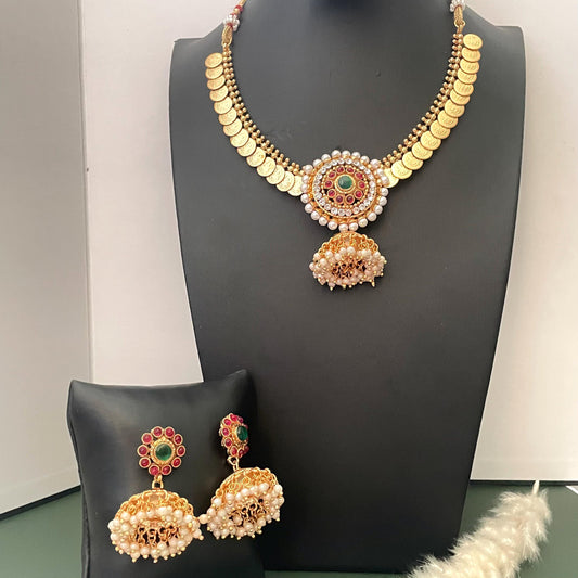 Fancy coin necklace with big pendent and jhumki set : Temple jewelry