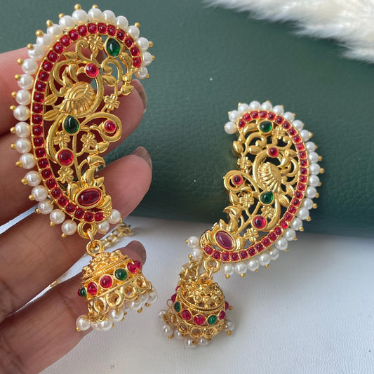 Gold Plated Jhumka Ear Cuffs: Indian Peacock Earrings