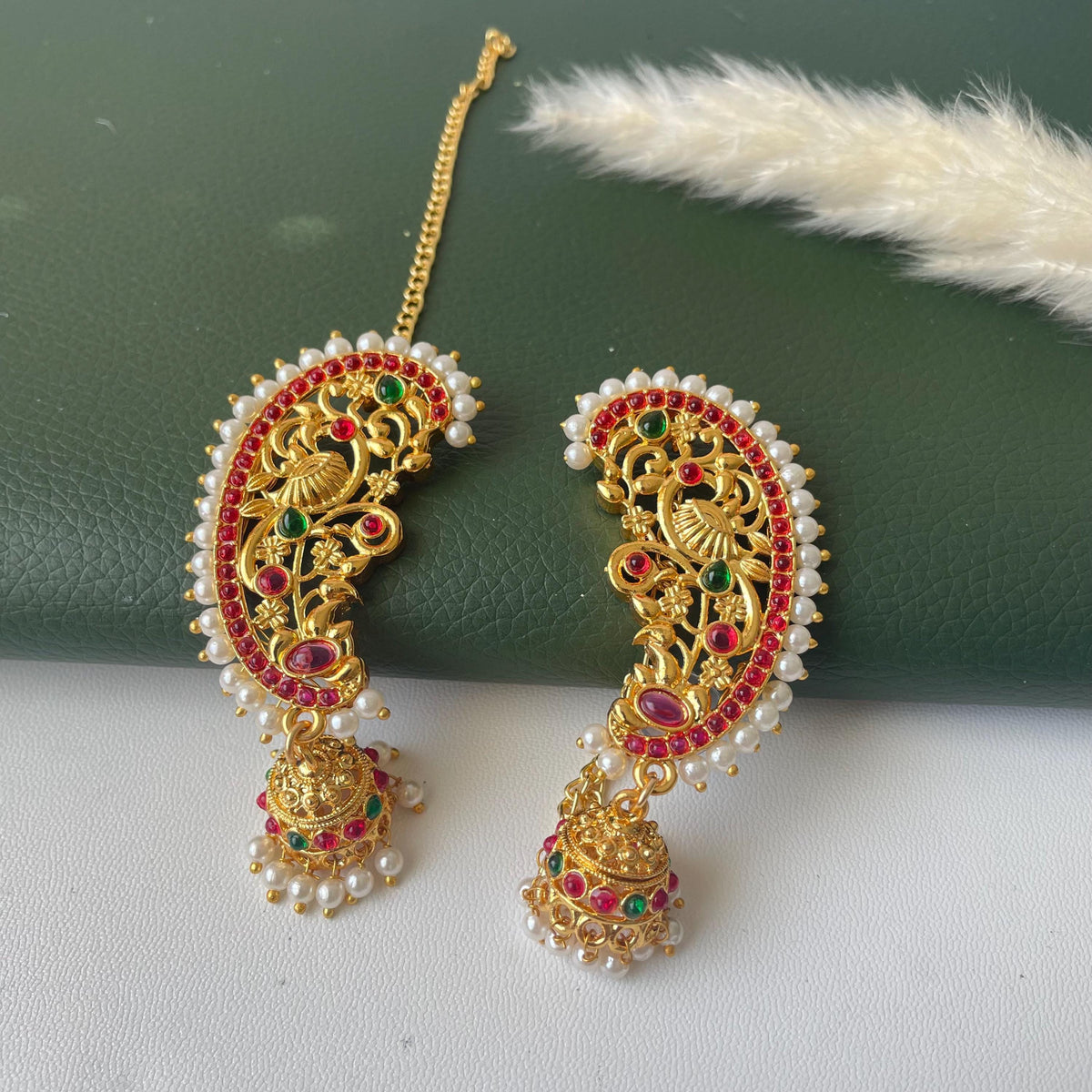 Gold Plated Jhumka Ear Cuffs: Indian Peacock Earrings