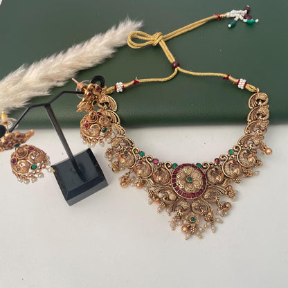Ruby and green kemp stone and pearl necklace set