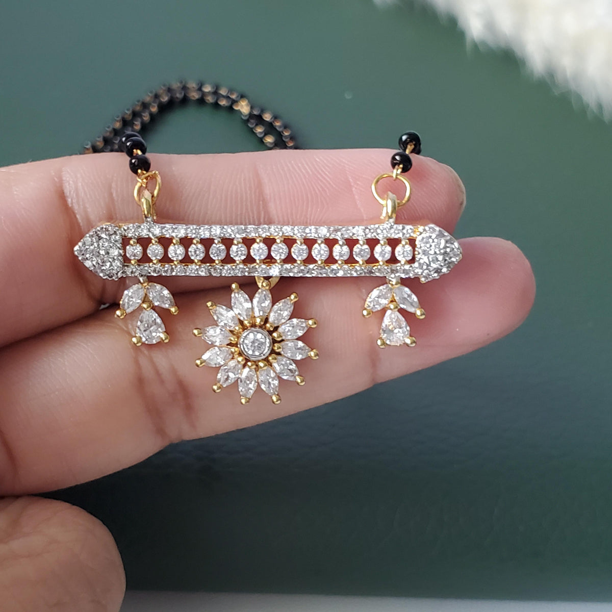 CZ pendant gold plated black beaded Mangalsutra with earrings