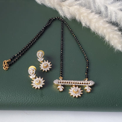 CZ pendant gold plated black beaded Mangalsutra with earrings
