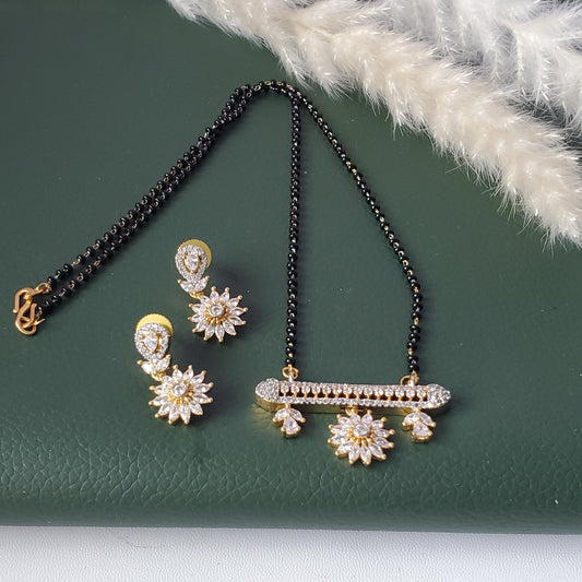 CZ pendant gold plated black beaded Mangalsutra with earrings