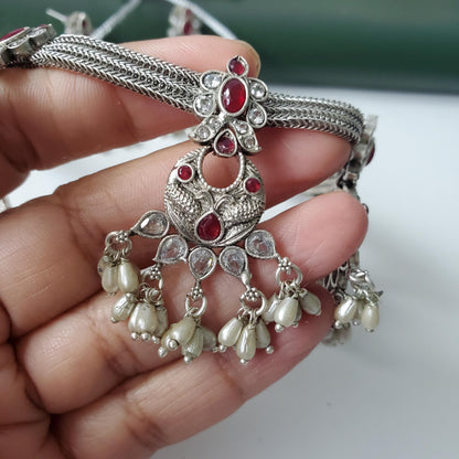 Kemp Stone & Pearl Necklace Set: Silver Plated South Indian Jewelry
