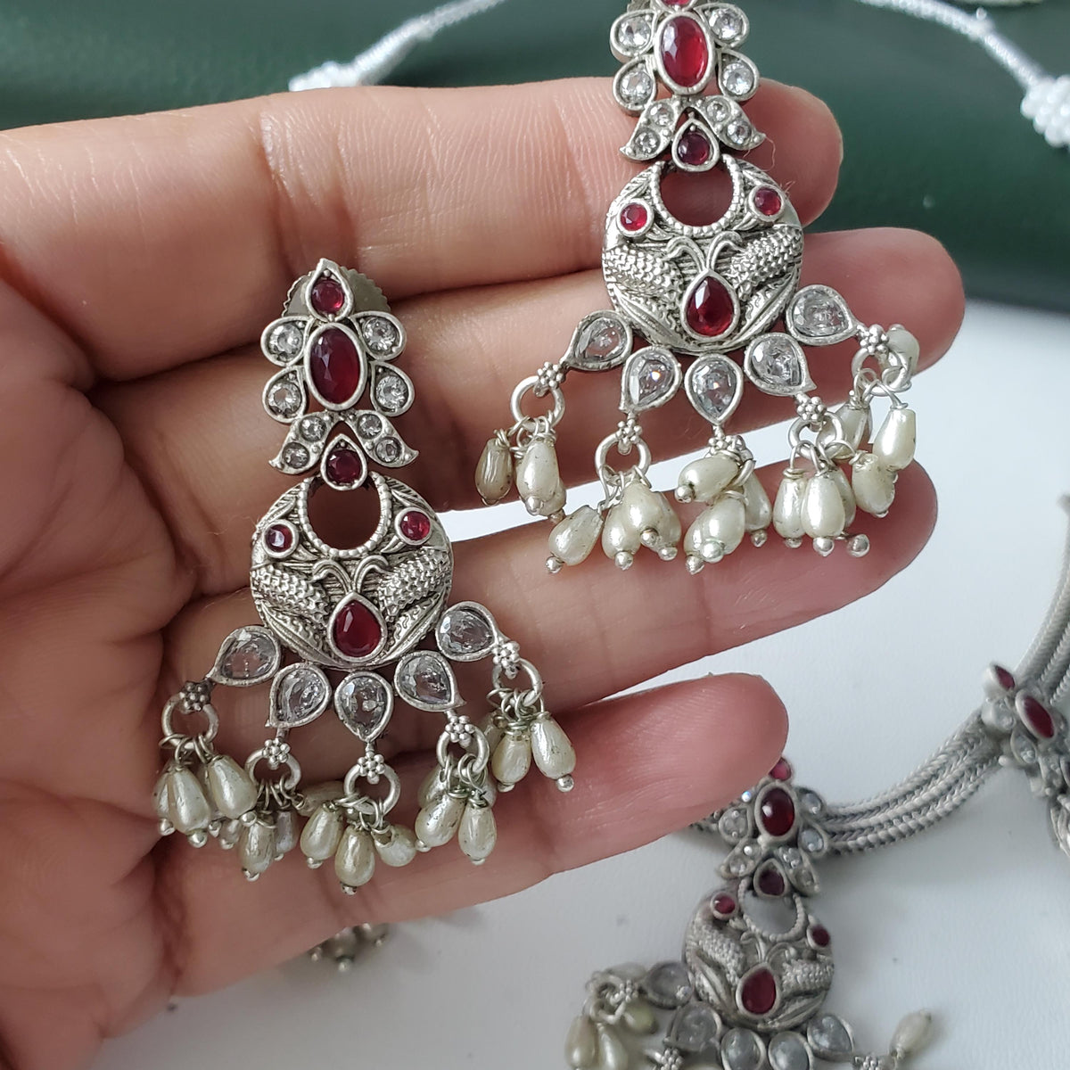 Kemp Stone & Pearl Necklace Set: Silver Plated South Indian Jewelry