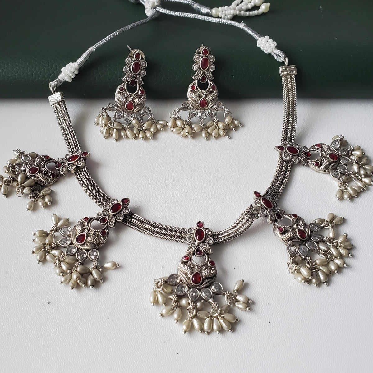 Kemp Stone & Pearl Necklace Set: Silver Plated South Indian Jewelry