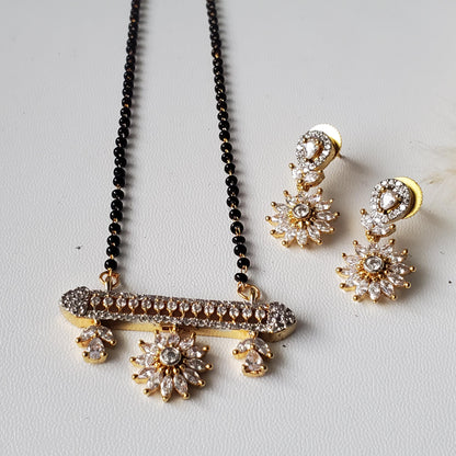 CZ pendant gold plated black beaded Mangalsutra with earrings
