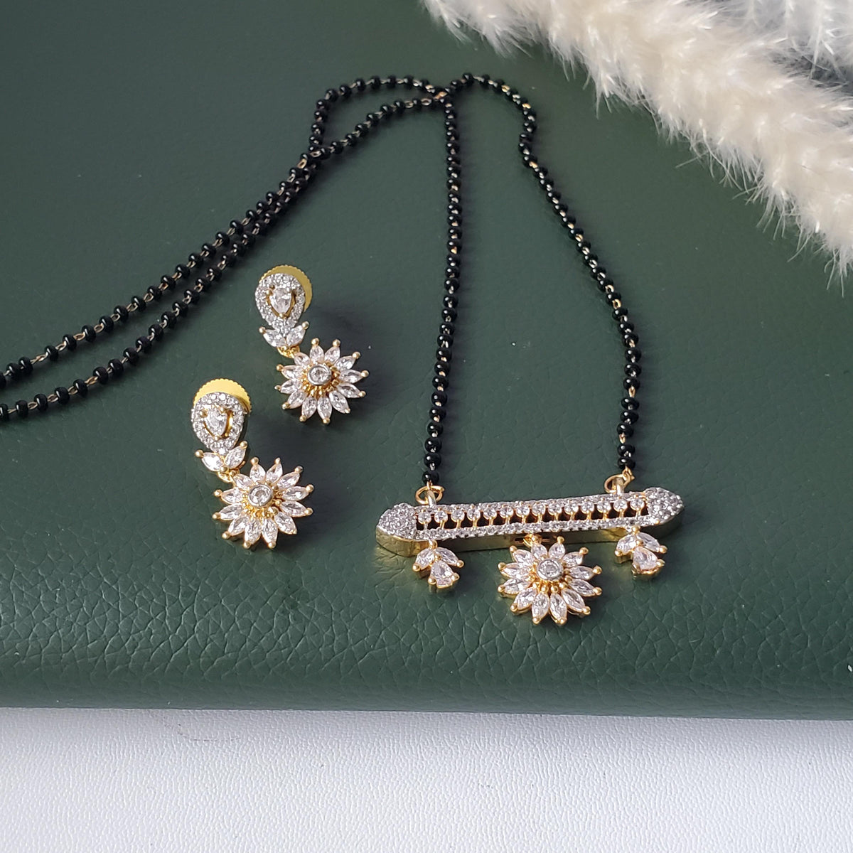 CZ pendant gold plated black beaded Mangalsutra with earrings
